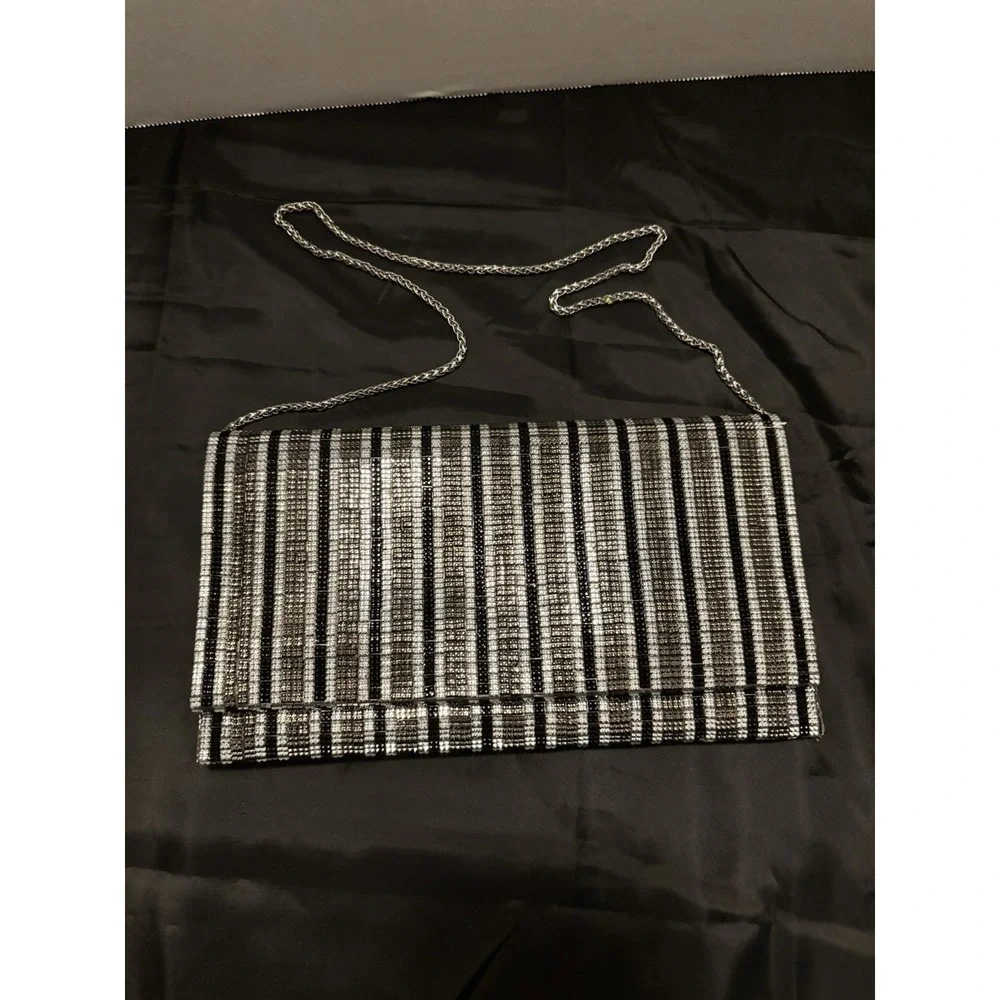 Sondra Roberts Silver Black Rhinestone Stripe Clutch Chain Evening Bag[C]